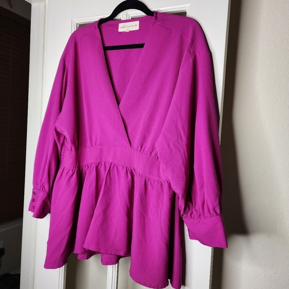 Wishing Waves Women's Plus Pink Cinch Waist Long Sleeve V Neck Blouse 2X - Picture 2 of 10